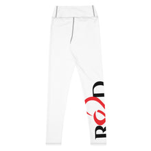 Load image into Gallery viewer, This is a flat-lay shot of the back view of the bright white legging showing the dramatic effect of the red and black logo design against the white legging,  giving a sleek sophisticated look to the activewear.