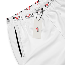 Load image into Gallery viewer, Flat lay photo of crisp white, water resistant track pants  or joggers focusing on the waistband logo feature in red and black and showing the side zip pocket and Red Valenteen clothes tag and lable
