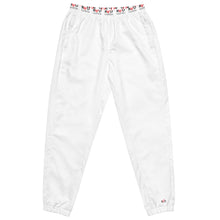 Load image into Gallery viewer, Flat lay photo of crisp white women jogger pants with stylish design and comfortable fit featuring elasticized waist with logo design and elastic ankle cuff .