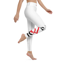 Load image into Gallery viewer, An image of the right side view of a model with right leg bent to showcase the stylish dramatic red and black Red Valenteen logo design located on the lower right leg from Red Valenteen designs.