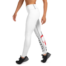 Load image into Gallery viewer, Image showing the left side view of a model wearing sleek smooth fit white Iconic leggings with contrast stitch finish and bold black and red logo on one side of the leg designed by Red Valenteen