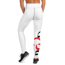 Load image into Gallery viewer, Backview image of a model wearing high waist white leggings designed by Red Valenteen with a flattering fit and sleek quality design including a vibrant bold logo on the right leg below the knee to the ankle.
