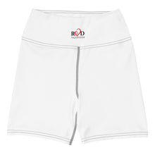 Load image into Gallery viewer, Lay flat image of body contouring white stunning yoga, bike, or running shorts, small logo design centred on waistband, and chic dark contrast stitching designed by Red Valenteen