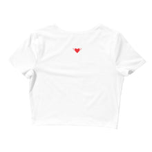 Load image into Gallery viewer, Lay flat image of white tshirt back view, shows short sleeves, and small red winged heart positioned centre of sholdes
