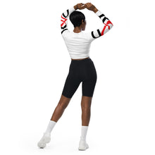 Load image into Gallery viewer, This image shows a slim model from the back view with both her arms raised   which showcases the bold logo designs on both the sleeves. The pop of red and black on the sleeve logos bring sharp contrast and chic to this very trendy best seller design by Red Valenteen.