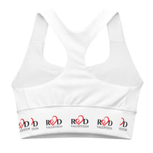 Load image into Gallery viewer, back view image of racer back longline bra featuring patterned logo design elastic by Red Valenteen