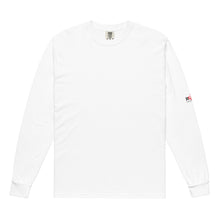 Load image into Gallery viewer, A white long-sleeve crewneck t-shirt with a small red and black logo on the left sleeve, displayed flat against a white background.