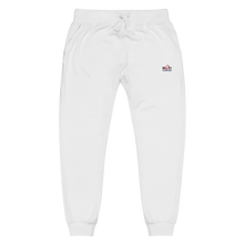 Load image into Gallery viewer, Image of lay flat Red Valenteen white cotton luxury casual track gym active wear stretch pants for both men or women, displaying the waistband, two front side pockets and quality red and black small logo designed which is an embroidery on left side under the pocket