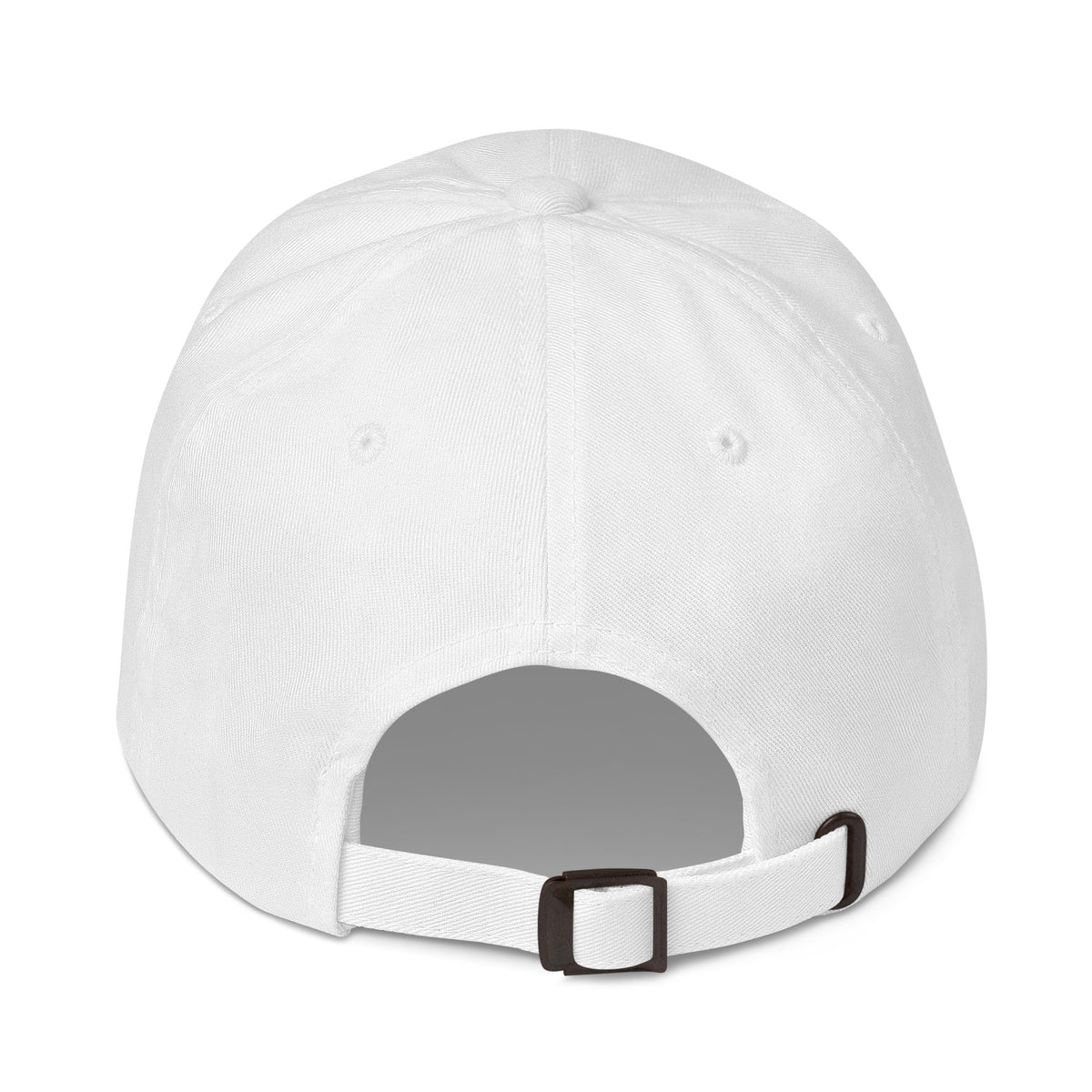 back view of a white cap showing adjustable strap. on a white background