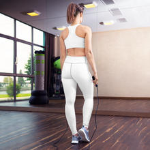 Load image into Gallery viewer, A full length image of the back of a fitness model skipping rope in hand, while inside a gym  which shows the Red Valenteen white leggings design from the back view.