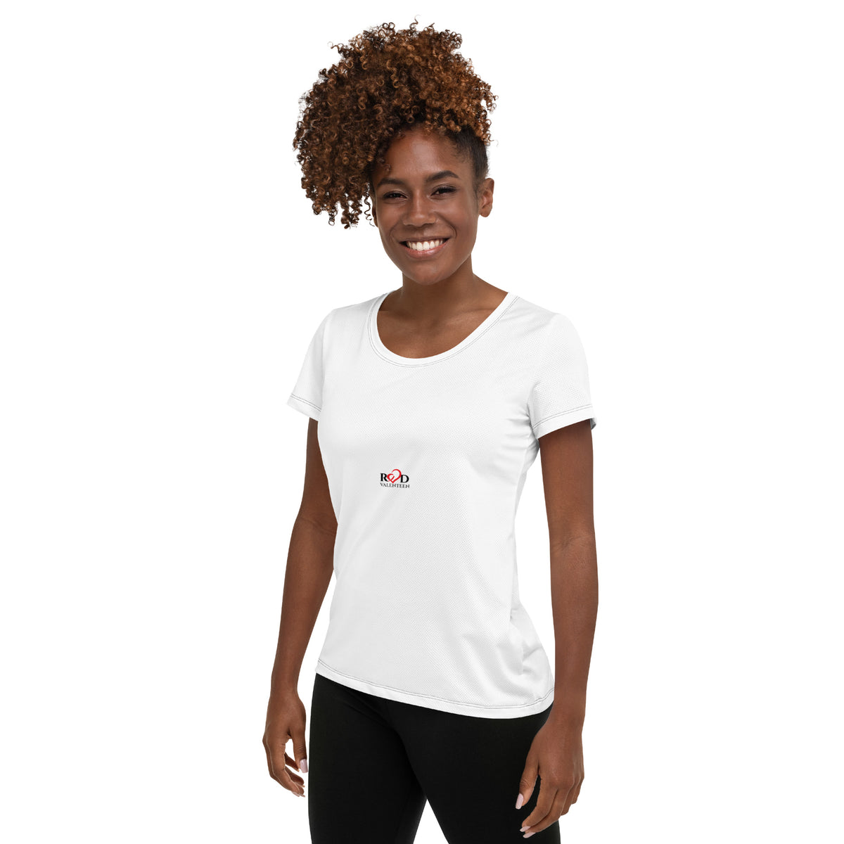 Person wearing a white t-shirt with a Red Valenteen logo on a white background
