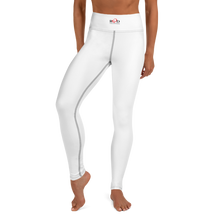 Load image into Gallery viewer, Front view image of  a woman wearing  white leggings which are a flattering fit and sleek design and have a small Red Valenteen logo on the high waist band.