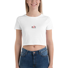 Load image into Gallery viewer, front view of image of a model wearing white cropped short sleeve cotton blend tshirt with Red Valenteen logo in the centre, teamed with a pair of blue jeans for casual look.