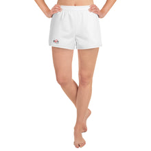 Load image into Gallery viewer, Front view image of model from waist down wearing a cute pair of white women's athletic running shorts, with contrast trim stitch, Red Valenteen logo on front right side, and two side pockets created with a breathable, light recycled material