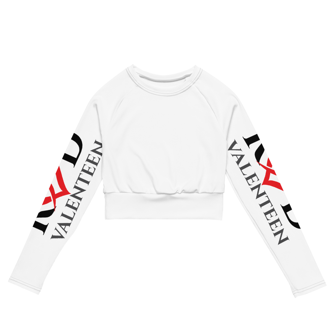 Flat lay photo of white long sleeve women's cropped top features crew neck and large bold red and black sleeve logo by Red Valenteen activewear