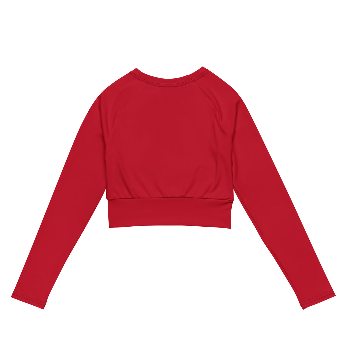 Red long-sleeve crop top back view,  on a white background