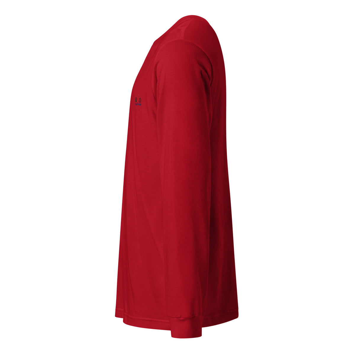Red long-sleeve t-shirt from left view on a white background