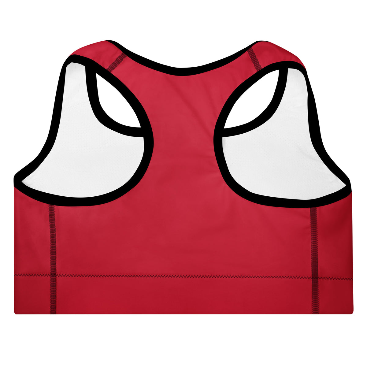 Red racerback sports bra with white accents on a white background