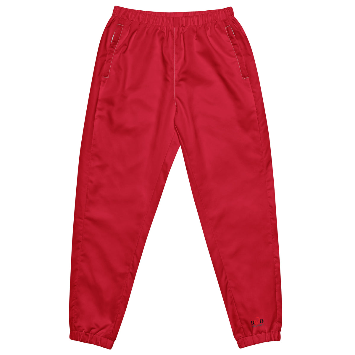 Red water resistant jogger pants with a small Red Valenteen logo on left ankle on a white background