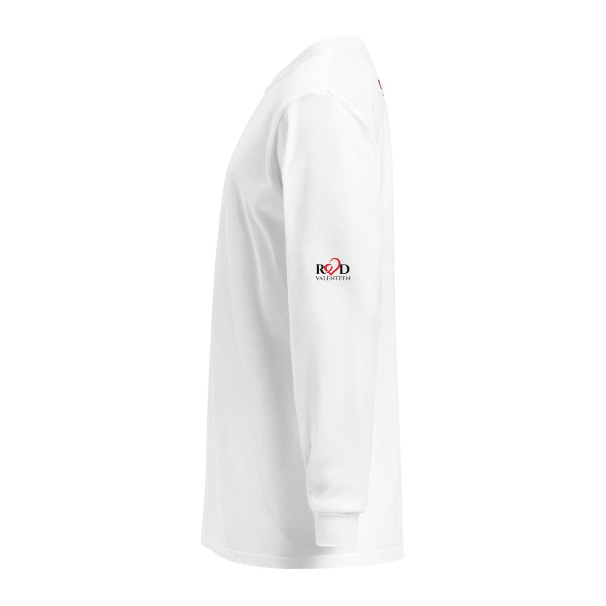 A white long-sleeve t-shirt shown from a side profile view on a clean white background. The left sleeve features a small logo 'RED VALENTEEN' in red and black.