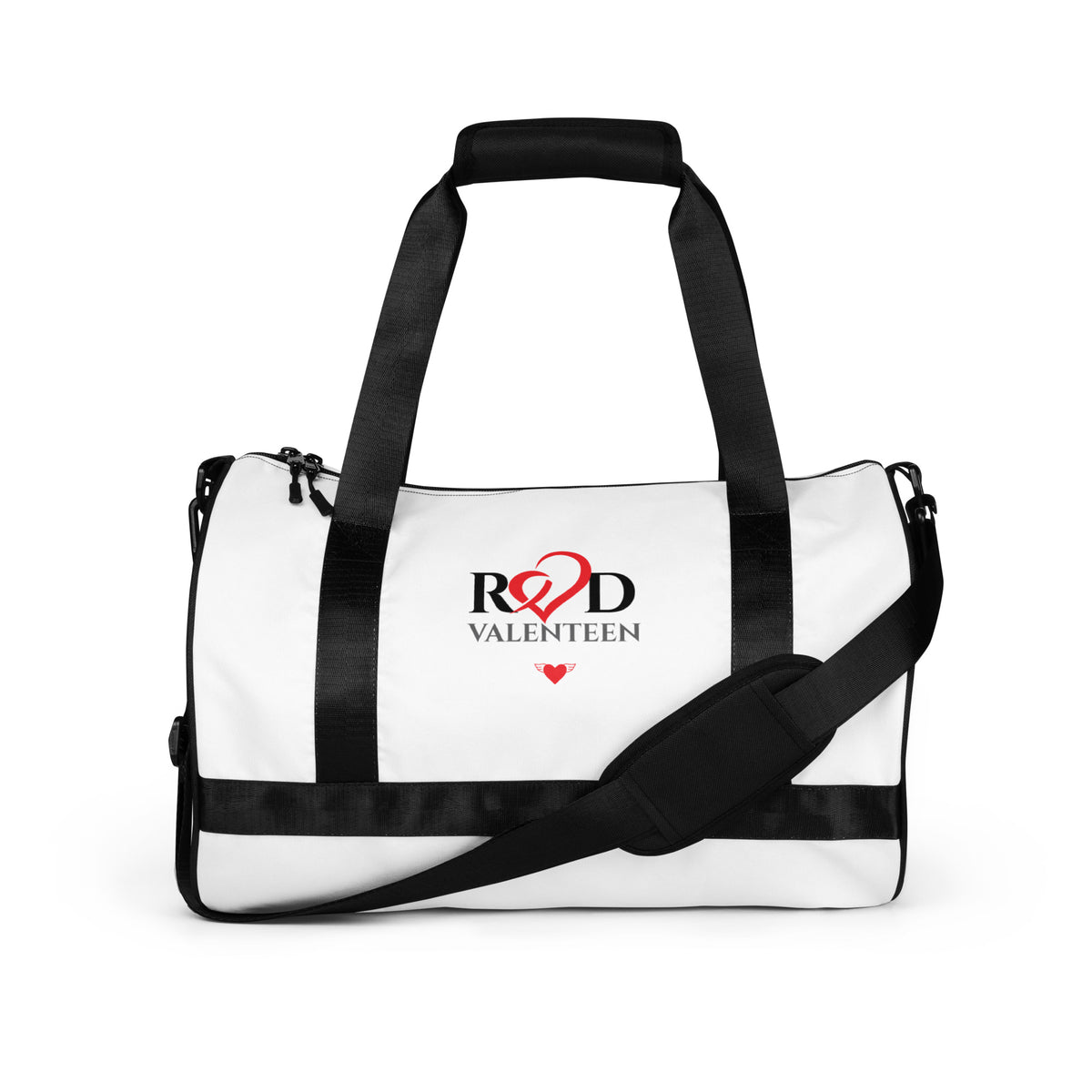 White duffel bag with black straps and 'Red Valenteen' logo on a white background
