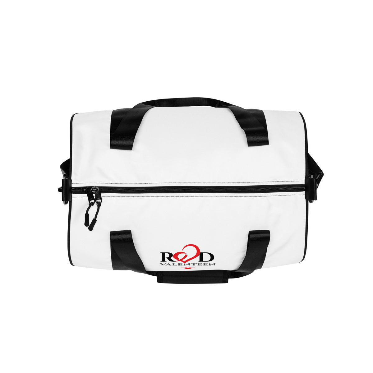 White duffel bag top view with black straps and 'Red Valenteen' logo on a white background