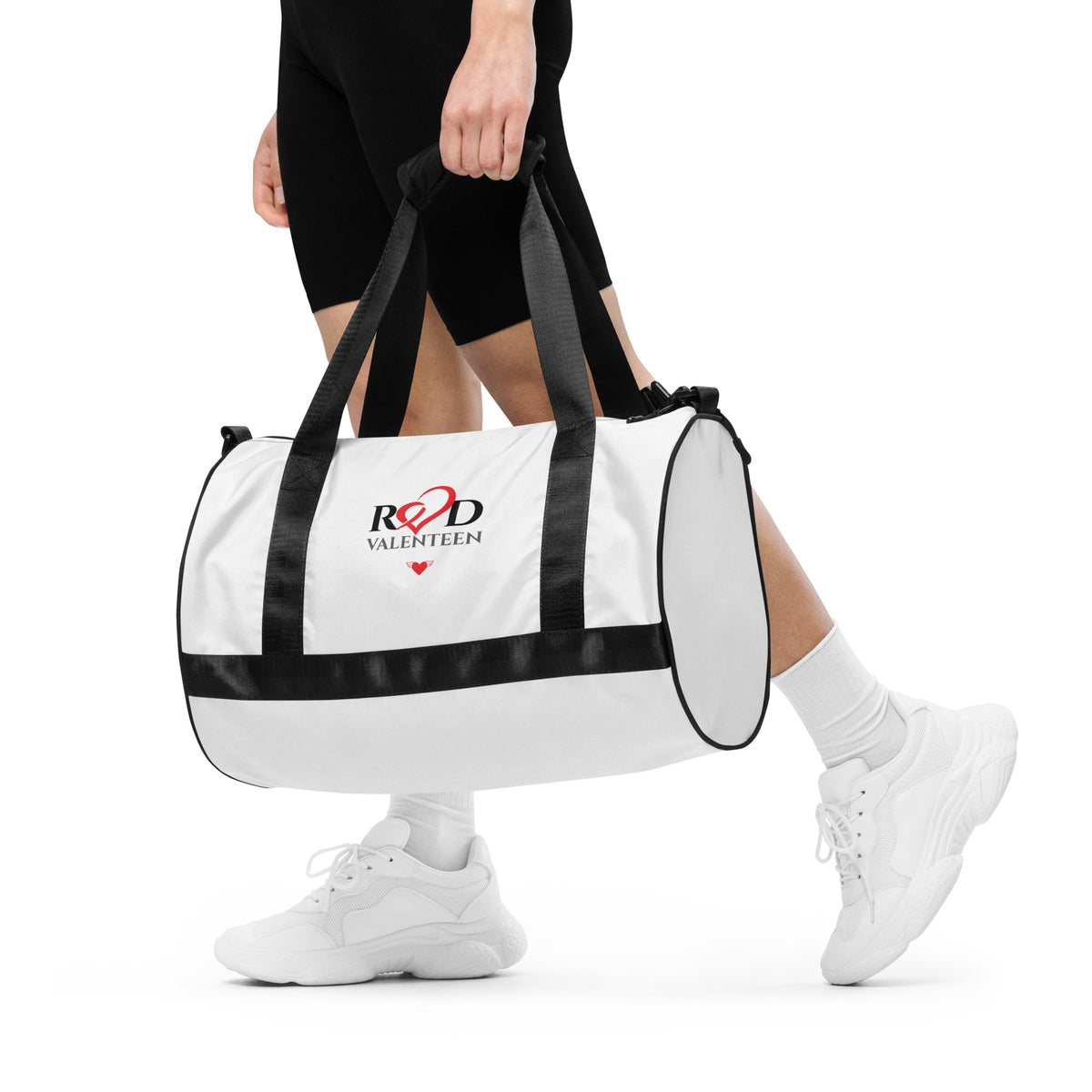 Person holding a white gym bag with 'Red Valenteen' branding on a white background