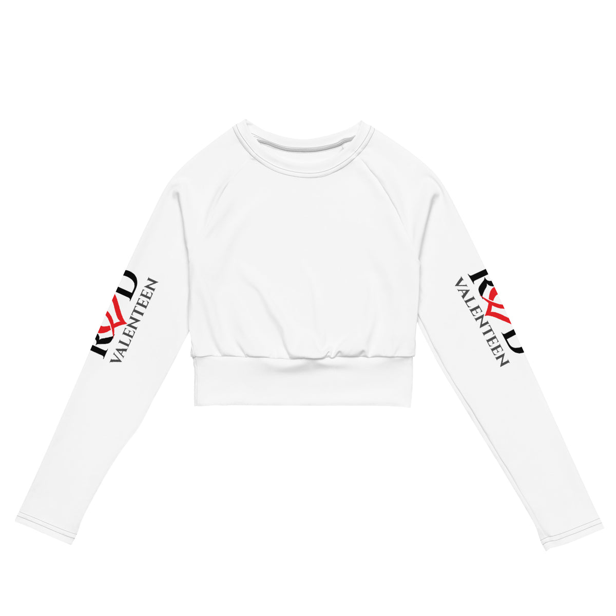 A white long-sleeve crop top sweatshirt with 'RED VALENTEEN' printed on both sleeves, displayed flat against a solid white background.