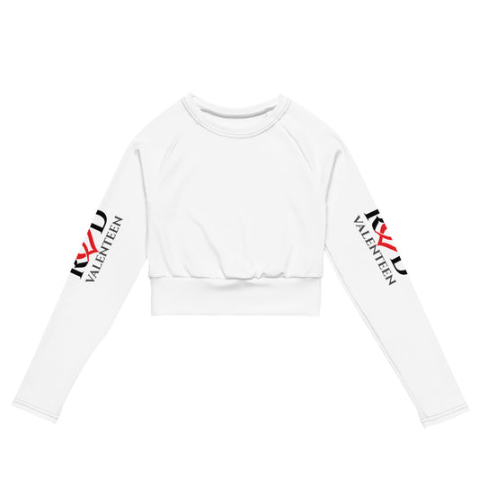 A white long-sleeve crop top sweatshirt with 'RED VALENTEEN' printed on both sleeves, displayed flat against a solid white background.