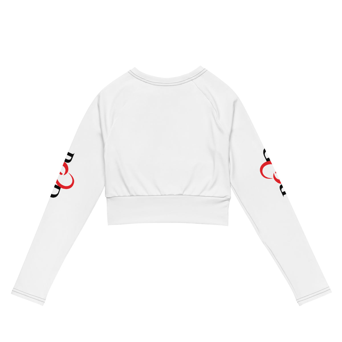 White long-sleeve cropped sweatshirt shown from the back, featuring red and black graphic print logo, Red Valenteen, on both sleeves, displayed on a clean white background.