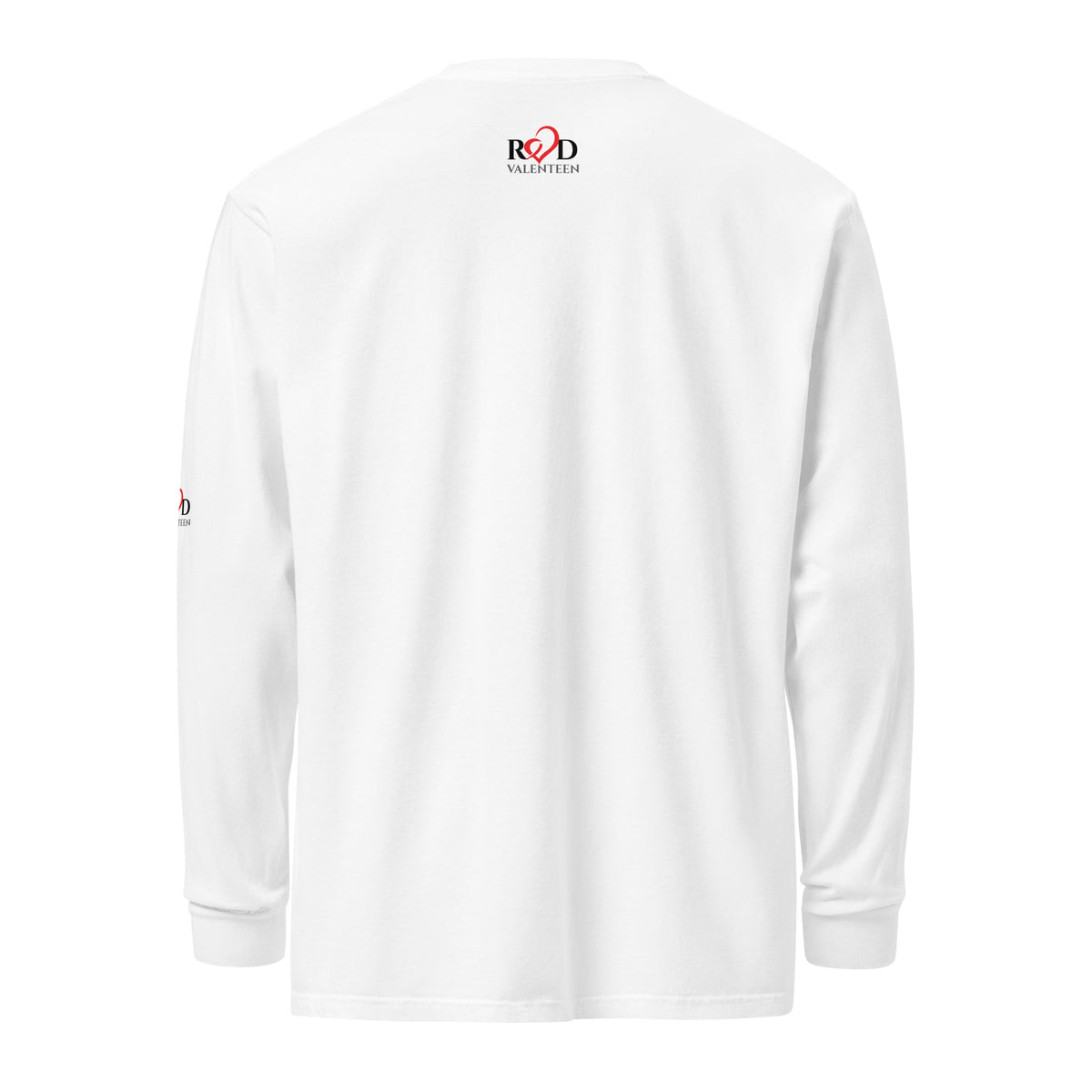 White long-sleeve t-shirt shown from the back, featuring a small red and black 'RED VALENTEEN' logo printed on the upper back and a small matching logo on the left sleeve.