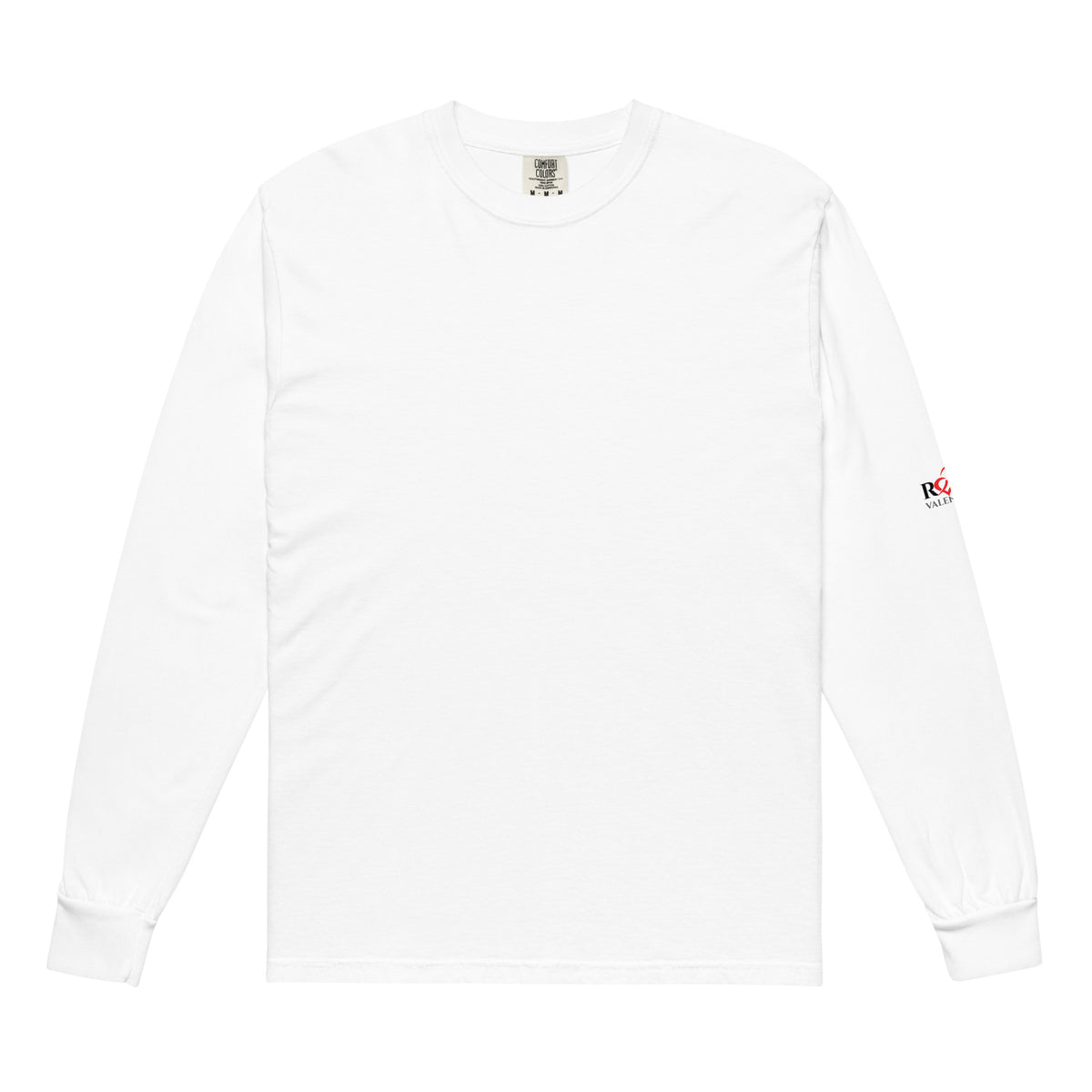 A white long-sleeve crewneck t-shirt with a small red and black Red Valenteen logo on the left sleeve, displayed flat against a white background.