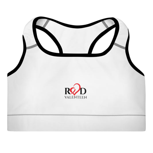 White athletic sports bra cropped top with black trim and a red and black 'RED VALENTEEN' logo on the chest, displayed on a solid white background.