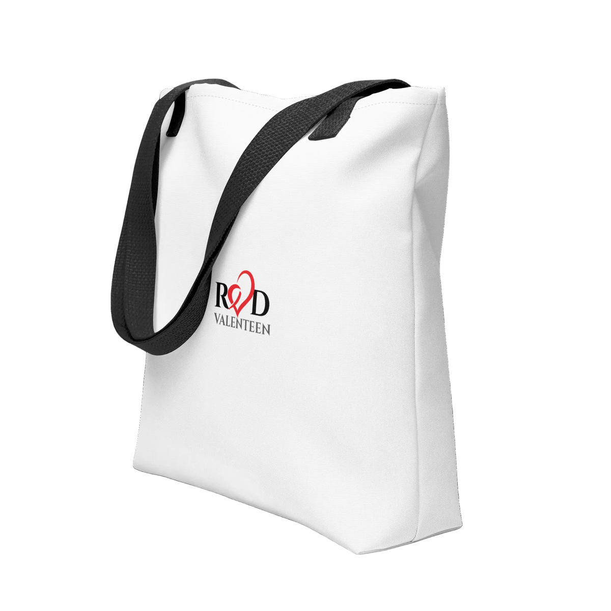 White tote bag with black strap and 'Red Valenteen' branding on a white background