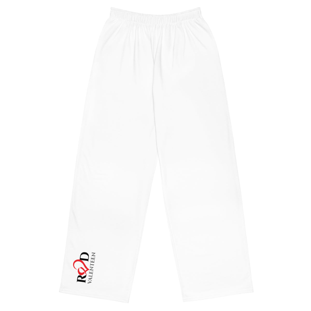 White athletic pants with an elastic waistband and a small red and black 'Red Valenteen' logo on the lower left leg, shown against a plain white background.