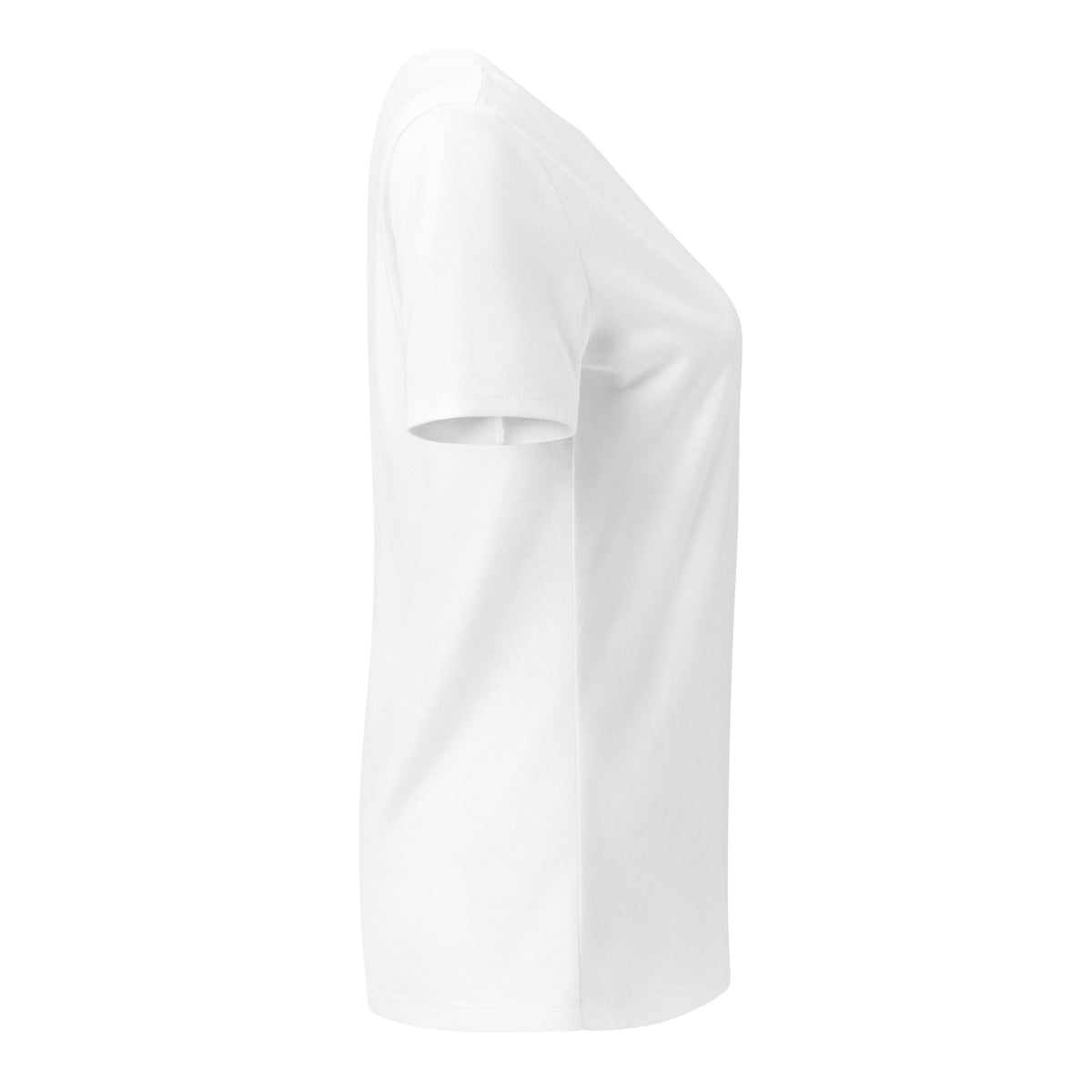 A plain white short-sleeve crew-neck t-shirt shown from a side profile view against a solid white background.