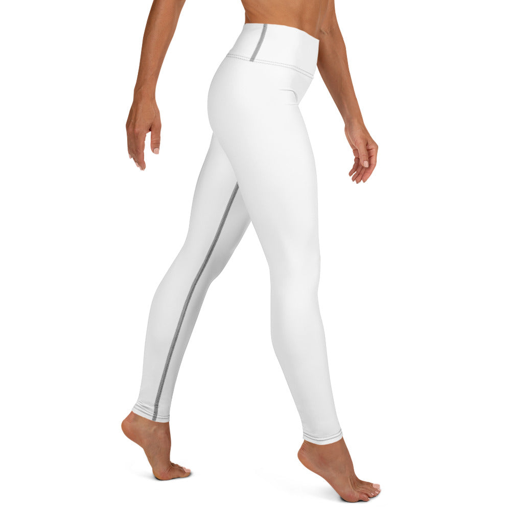 White leggings with a subtle black stitch seam design on a white background