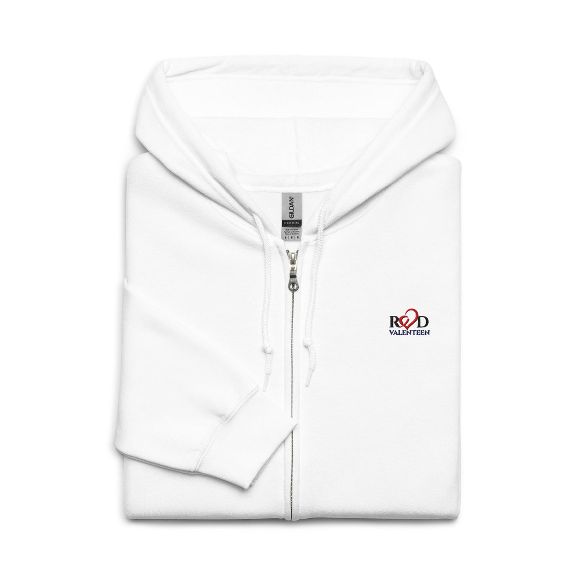 A folded white zip-up hoodie with a small red and black embroidery 'Red Valenteen' logo on the left chest, displayed on a clean white background.
