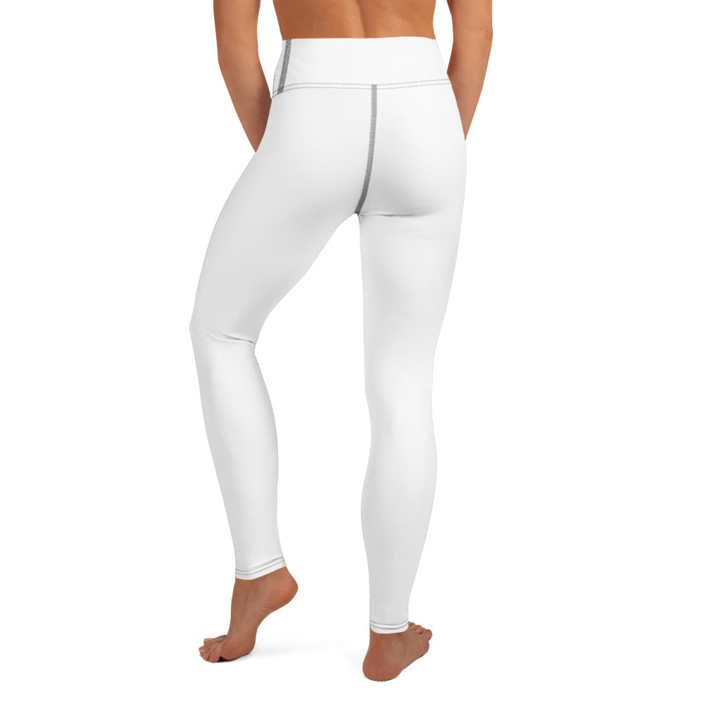 Model wearing White leggings from the back view with a visible grey black seam piping on a white background 