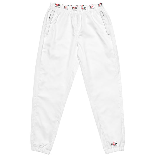 White jogger-style pants with an elastic waistband which has red valenteen logo pattern all the way around,side pockets, and elastic cuffs, shown flat against a white background.