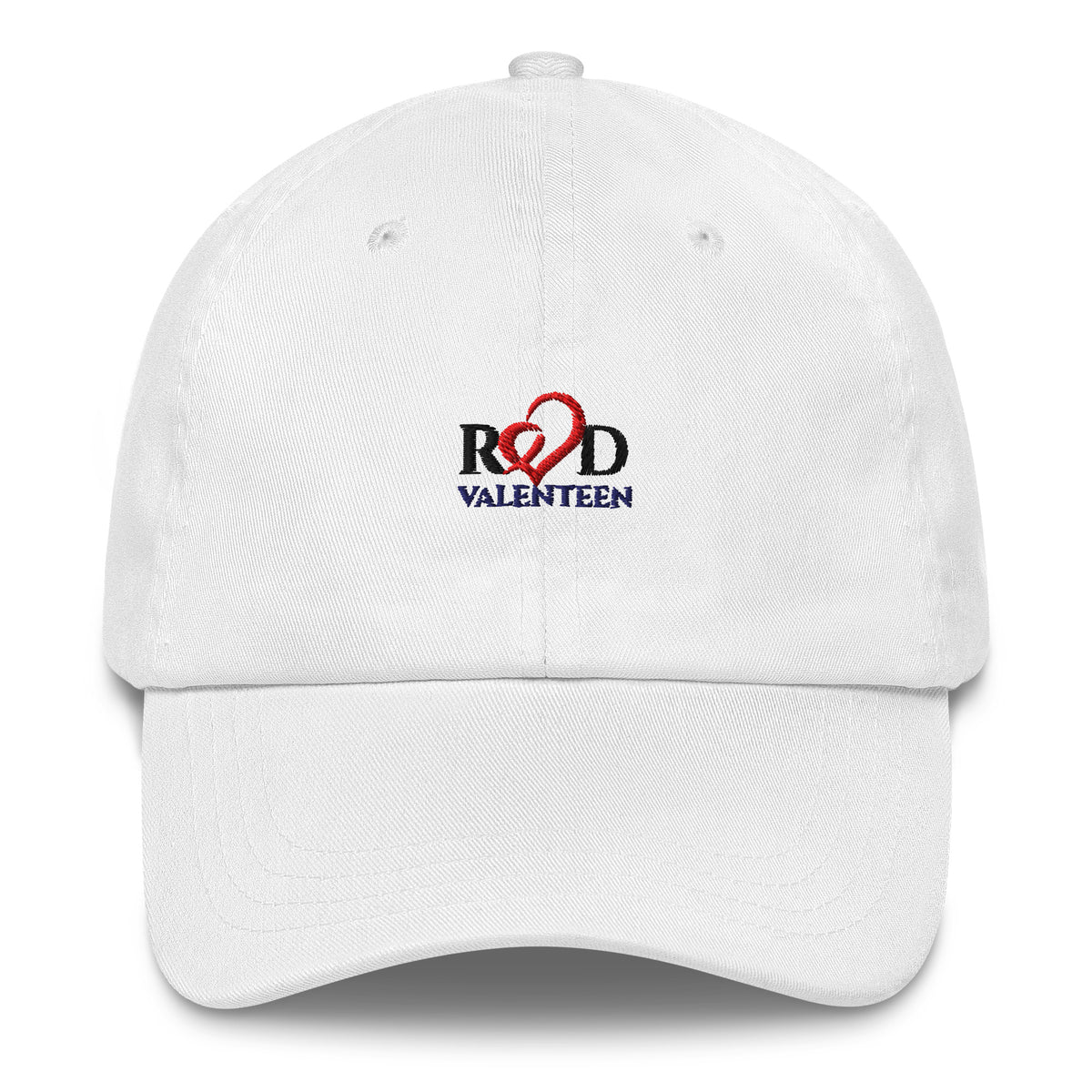white cap with red and black logo embroidery of Red Valenteen featuring a red heart,  on a white background.