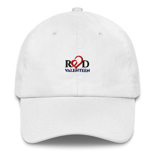 white cap with red and black logo embroidery of Red Valenteen featuring a red heart,  on a white background.