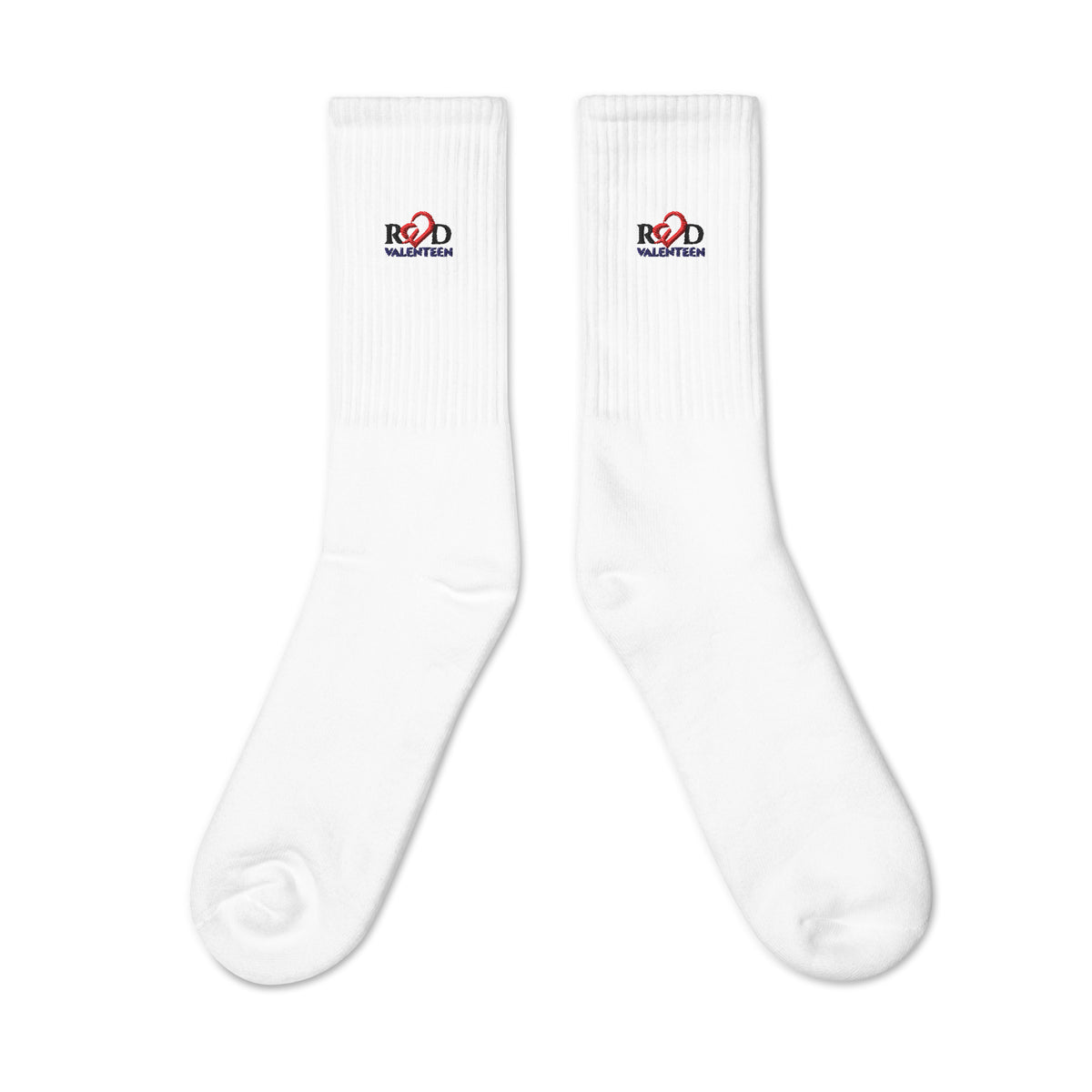 White socks with a Red Valenteen embroidery logo on a white background