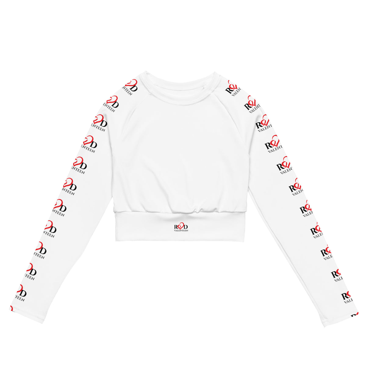 A white long-sleeve activewear crop top  with an allover repeating red and black 'Red Valenteen' logo print down both sleeves and a small matching logo on the ribbed hem.