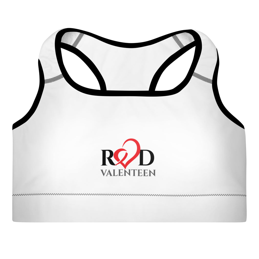 Lay flat image of the racer back padded sports bra in white with black outer edge contour rim, contrast stitch, and bold Red Valenteen logo centre front