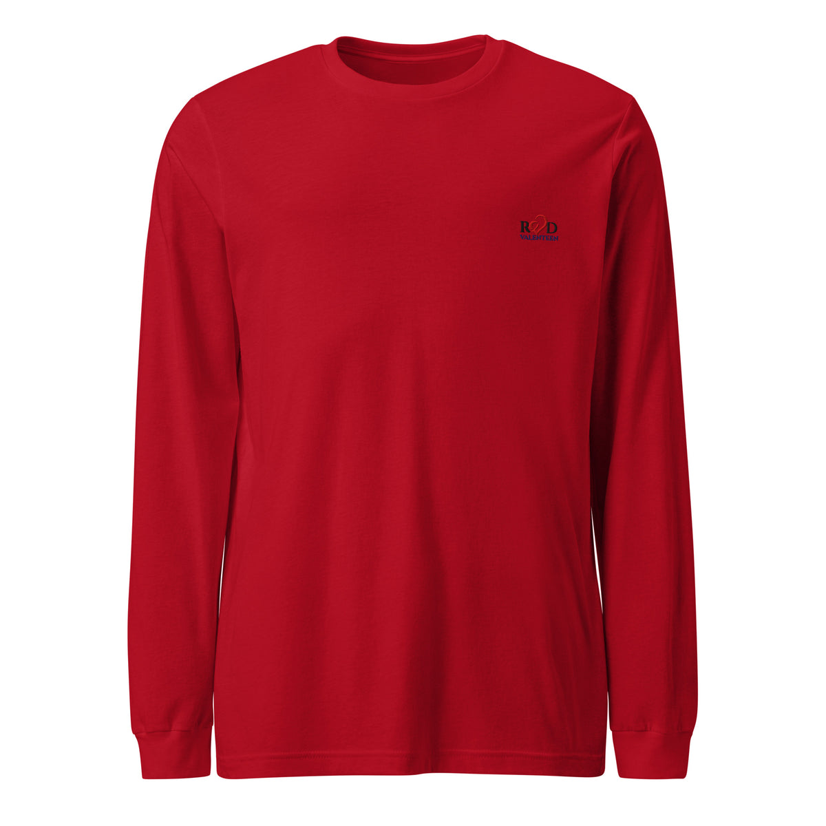 A red long-sleeve cotton crewneck t-shirt with a small dark embroidered 'Red Valenteen' logo on the left chest, displayed on a clean white background.