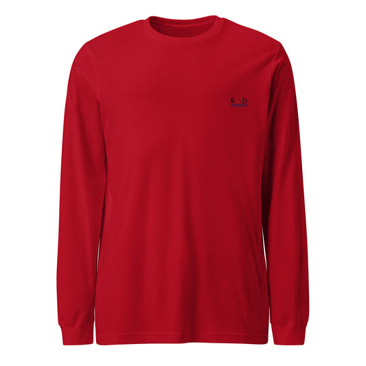 A red long-sleeve cotton crewneck t-shirt with a small dark embroidered 'Red Valenteen' logo on the left chest, displayed on a clean white background.