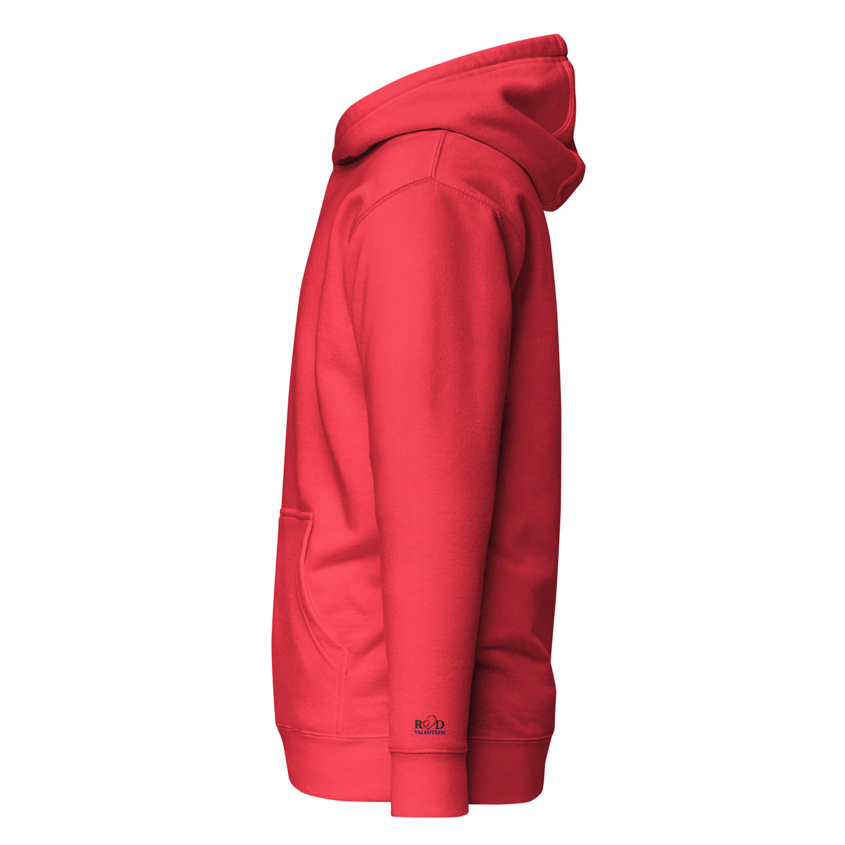 Red hoodie left side view on a white backgroundt with small 'red valenteen' logo on wrist
