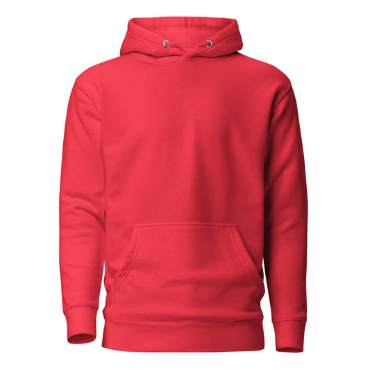 Red hoodie with a small logo on left wrist on a white background
