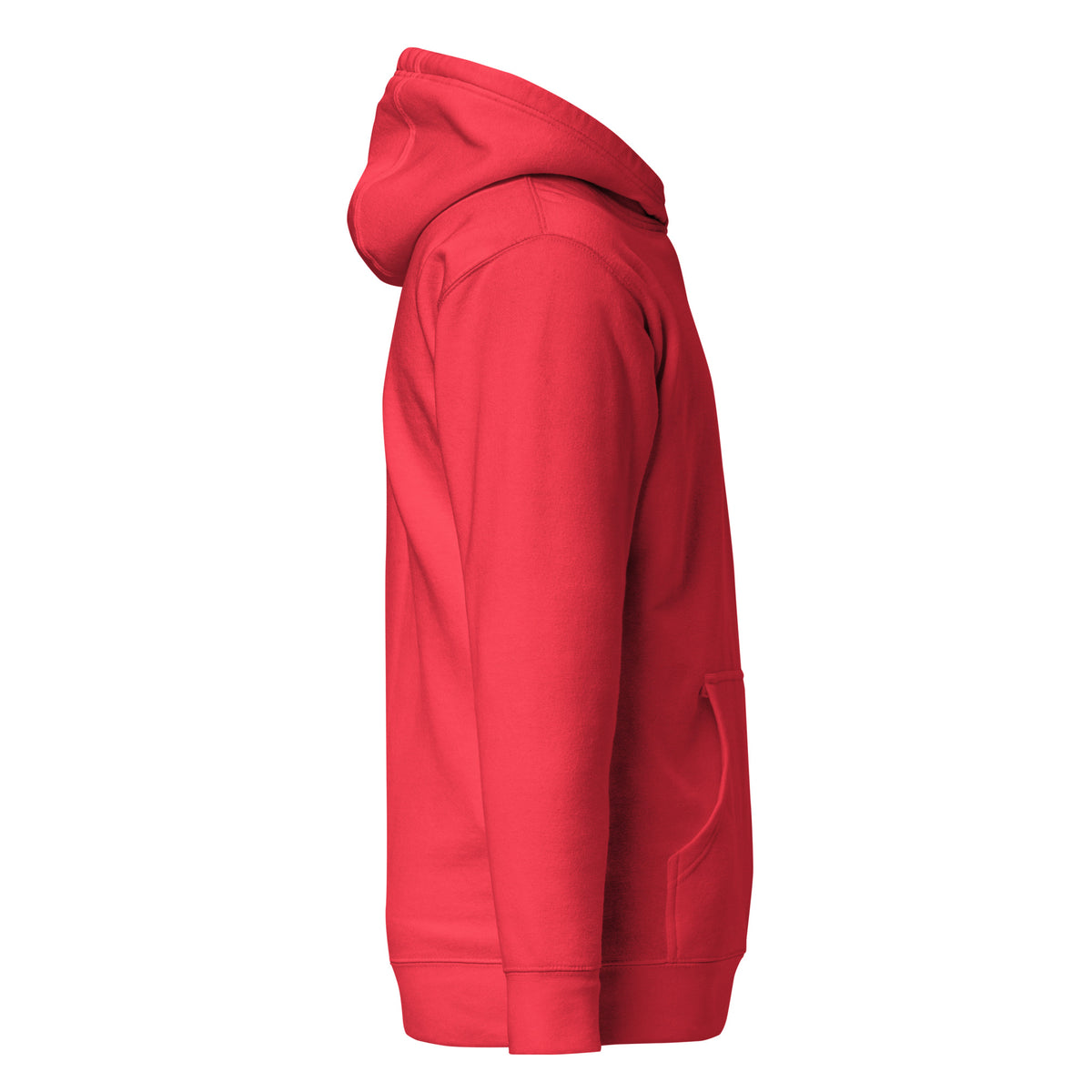 Red hoodie right side view against a white background